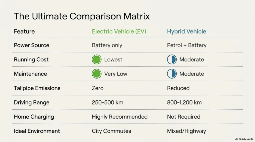 EV vs hybrid comparison matrix